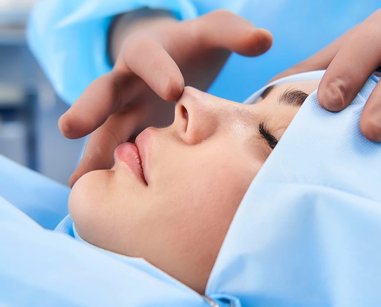Patient draped in blue, surgeon's hands examine nose for rhinoplasty.
