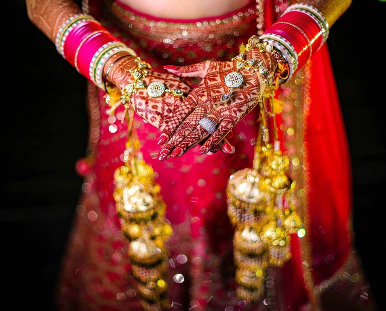Close-up bridal mehndi and jewellery photography during a wedding