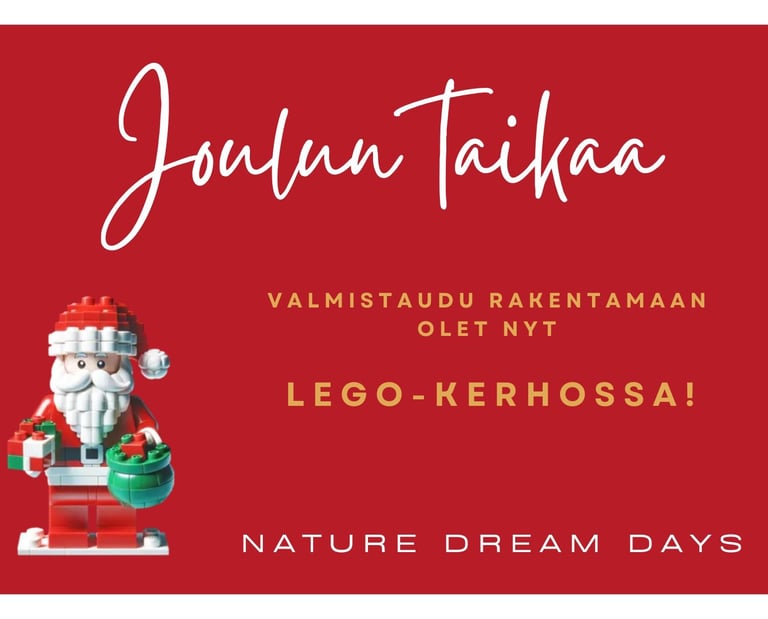 Lasten joululahjakortti Lego-kerhoon, punainen kortti jossa joulupukki-figuuri ja teksti “Joulun tai