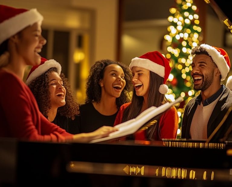 Iloinen joukko laulaa joululauluja pianon ääressä tunnelmallisessa pikkujouluillassa Nature Dream Da
