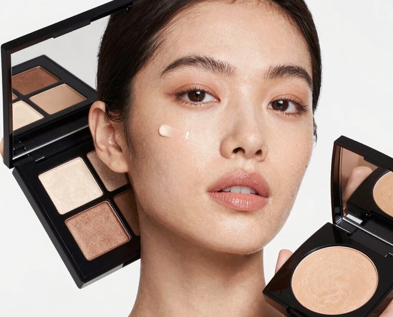 Close-up of luxurious makeup products with gold and pink accents.