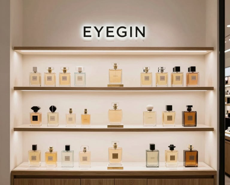 Skincare bottles and perfume flacons arranged on a marble surface.