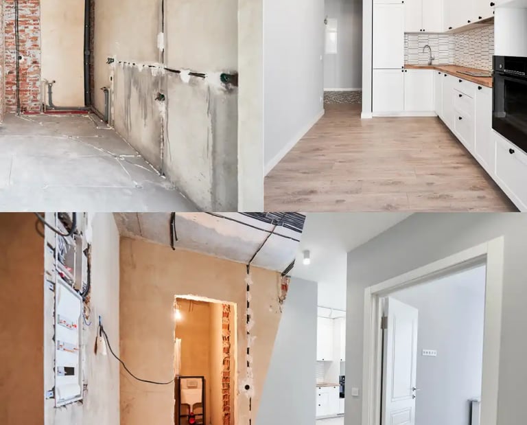 Before and after 3D virtual renovation of a kitchen and bathroom, showcasing a transformation 