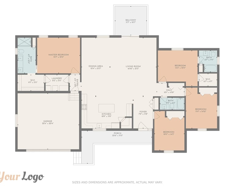 Earth-toned 2D floor plan with labeled rooms and accurate room dimensions