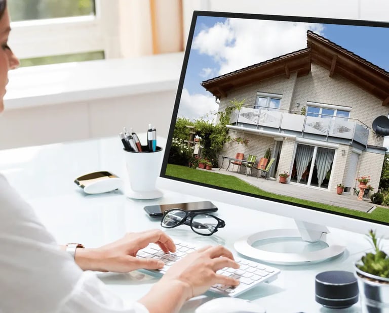 Modern home exterior and real estate listing materials on desk