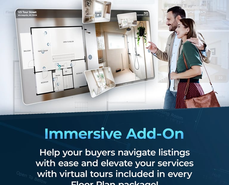 Couple reviewing 2D and 3D real estate floor plans on display