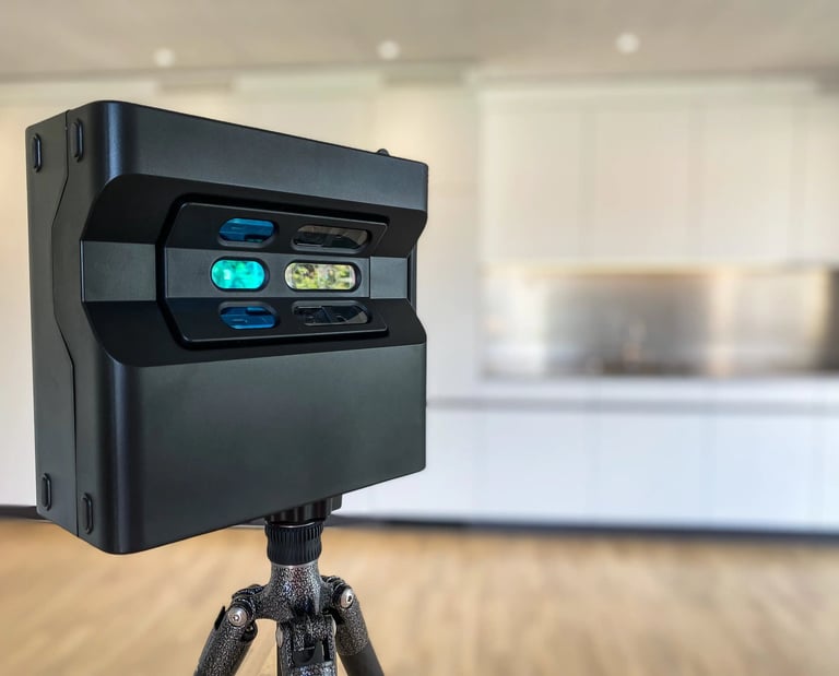 Close-up of Matterport 3D camera used for real estate walkthroughs and virtual tours