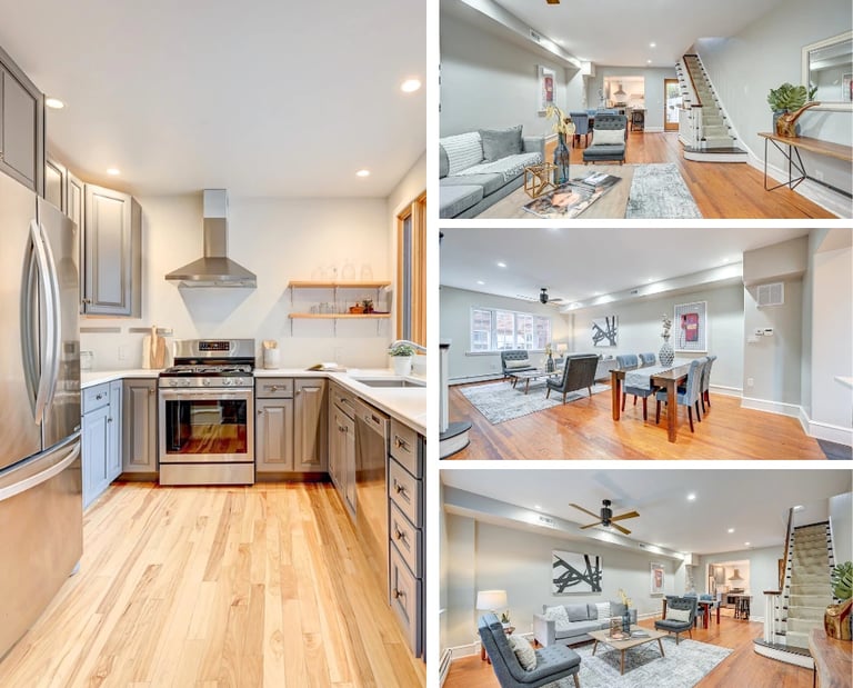 HDR real estate photography of a Philadelphia home showcasing kitchen, living room, and dining areas