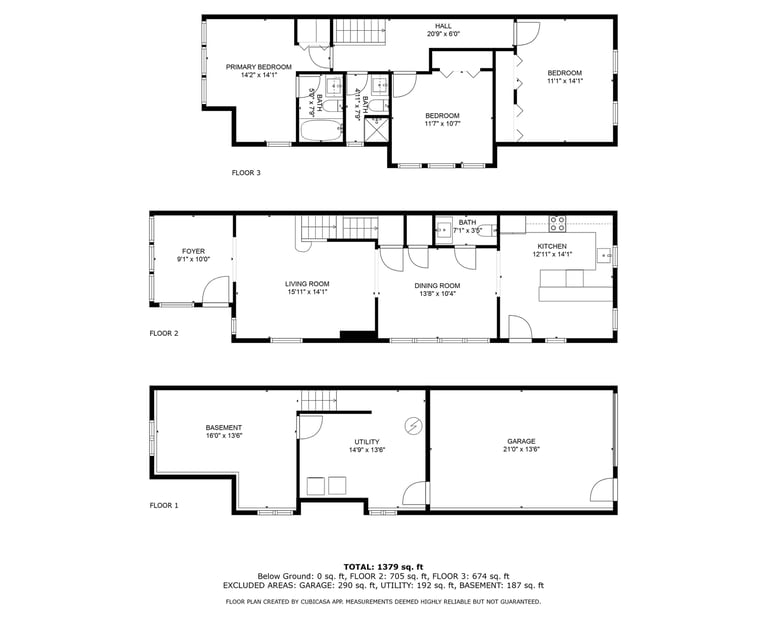 Real estate multi-level floor plan with bedroom, kitchen, and living areas