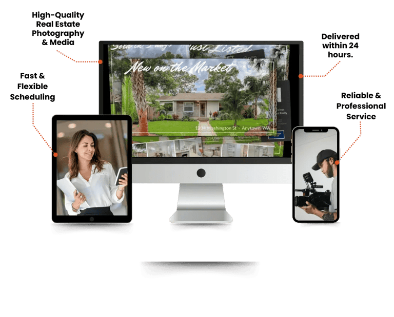 Media services graphic with fast scheduling, HDR photography, 24-hour delivery