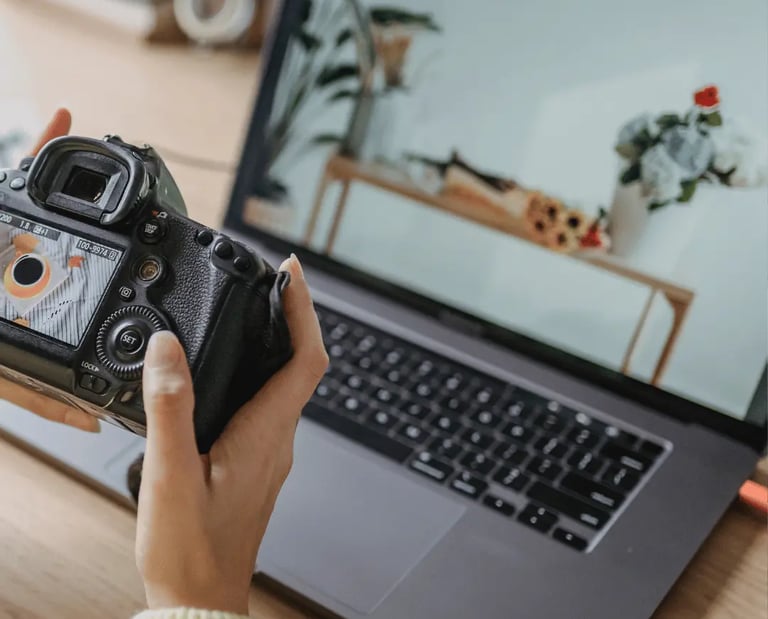 Photographer reviewing real estate photos for fast editing.