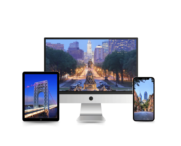 Screens displaying iconic Philadelphia and New Jersey locations, emphasizing local real estate photo