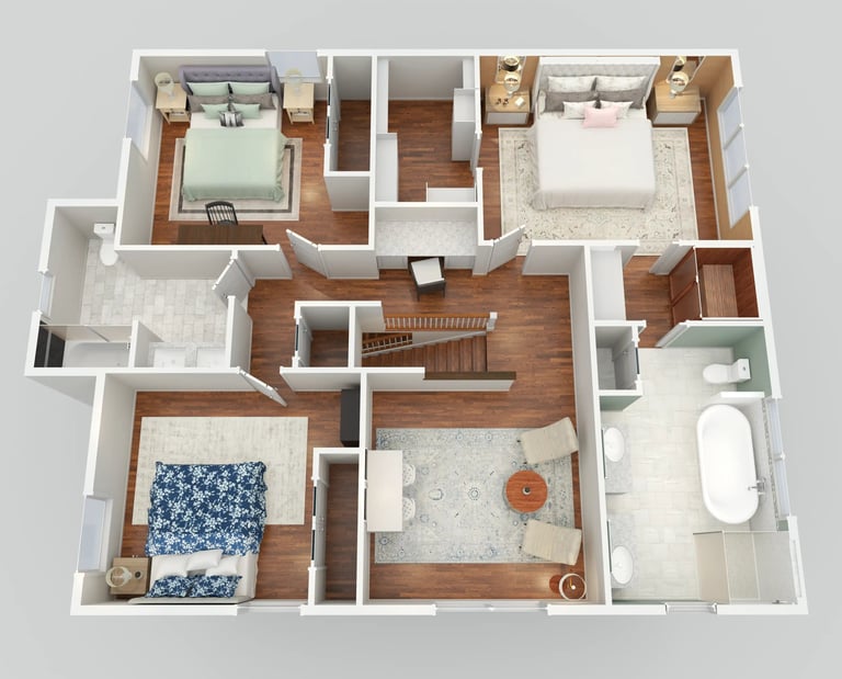Realistic 3D floor plan with furnished bedrooms, bathroom, and living space layout
