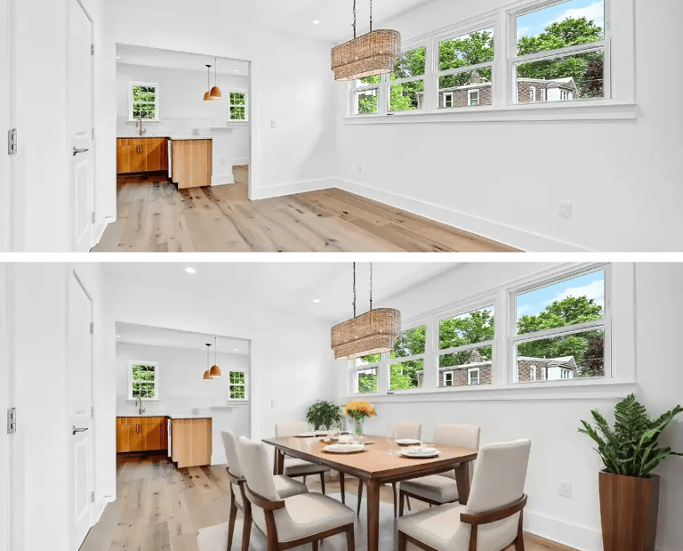 Before and after virtual staging of a dining area