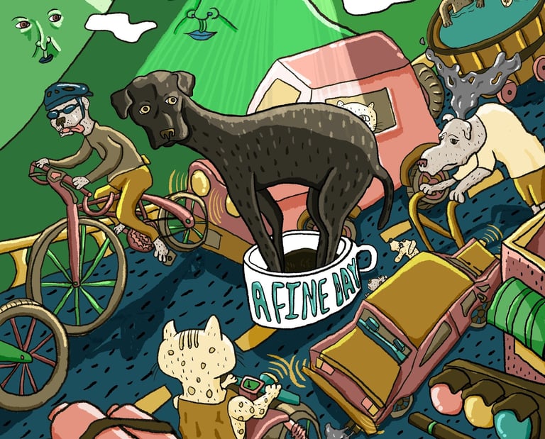 廢材Fade Chai所創作的插畫，台灣熱鬧的山上假日的時候車多擁擠，有騎自行車，送瓦斯的，有開車騎車的阿貓阿狗，甚至有遊客會上山泡溫泉，非常熱鬧，一隻黑狗站在路中央的咖啡杯裡，困在繁忙的路中央