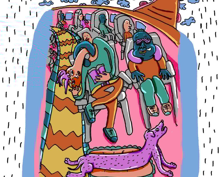 廢材Fade Chai所創作的插畫，我喜歡旅行，搭著飛機，在雲端享受閱讀，或坐在位置上睡覺，前面還有一隻紫色的狗，也參與這次旅行