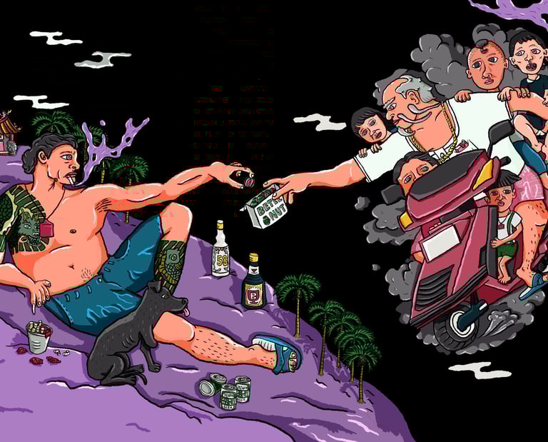 廢材Fade Chai所創作的插畫，利用《創世紀》做構圖，化成兩個台客傳遞檳榔的樣子，騎機車超載了一堆人，白色上衣胸前口袋放包菸，帶著金項鍊，另一位身上刺了半甲穿藍白拖裡叼著煙帶著紅色塑膠護身符