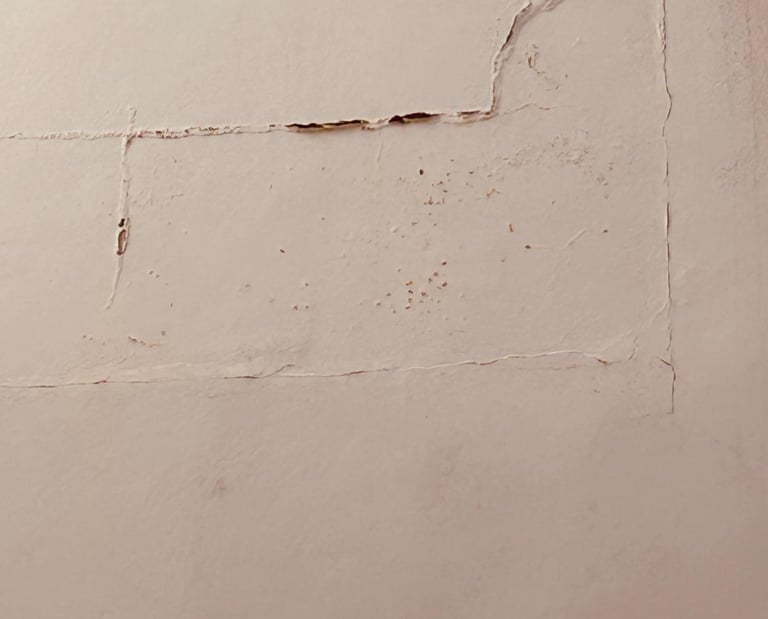 Visible cracks and water damage on a white interior wall requiring drywall repair.