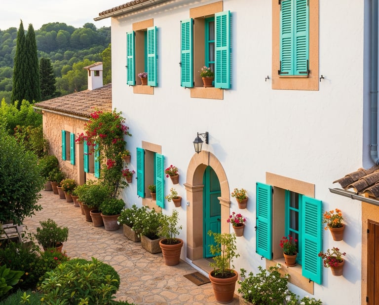 a house with green shutter shutters and blue shutters