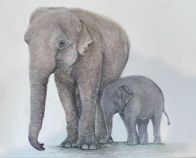 Adult elephant with its calf in Pastel