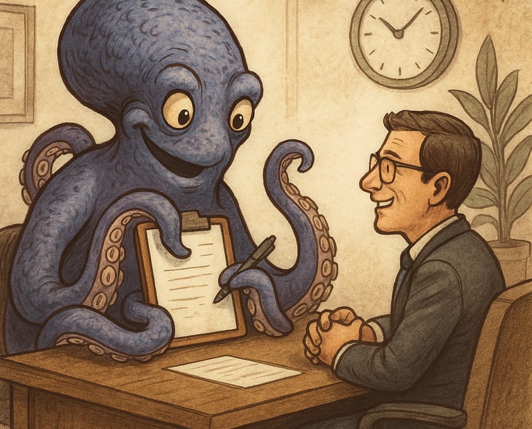 a man in a suit and tie is sitting at a desk with a clock and