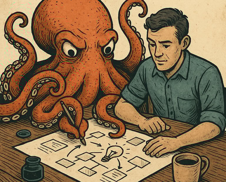 a man sitting at a table with a drawing of a octopus