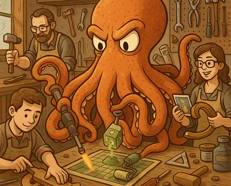 a cartoon octopus with a man in a workshop