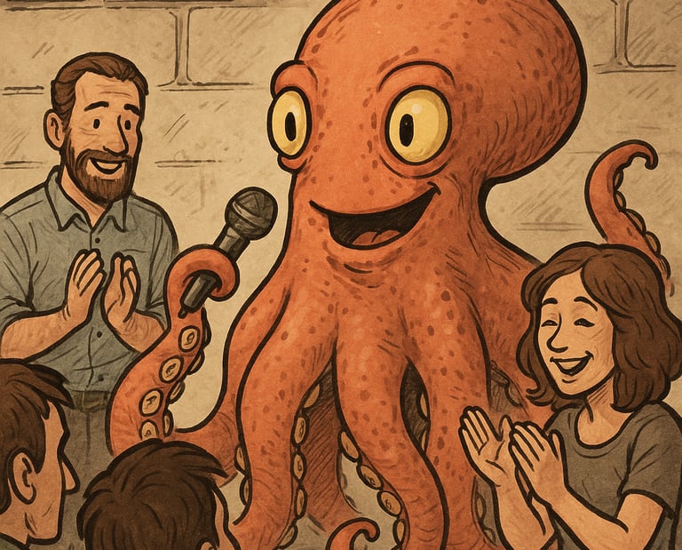 a man standing in front of a microphone and a woman