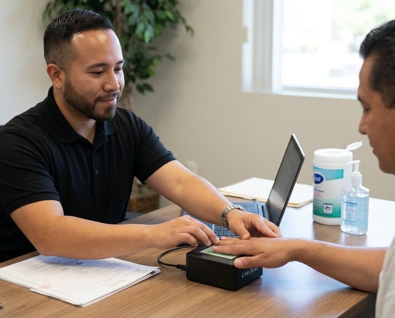 Professional technician performing a digital Live Scan fingerprinting service for a client in an office.