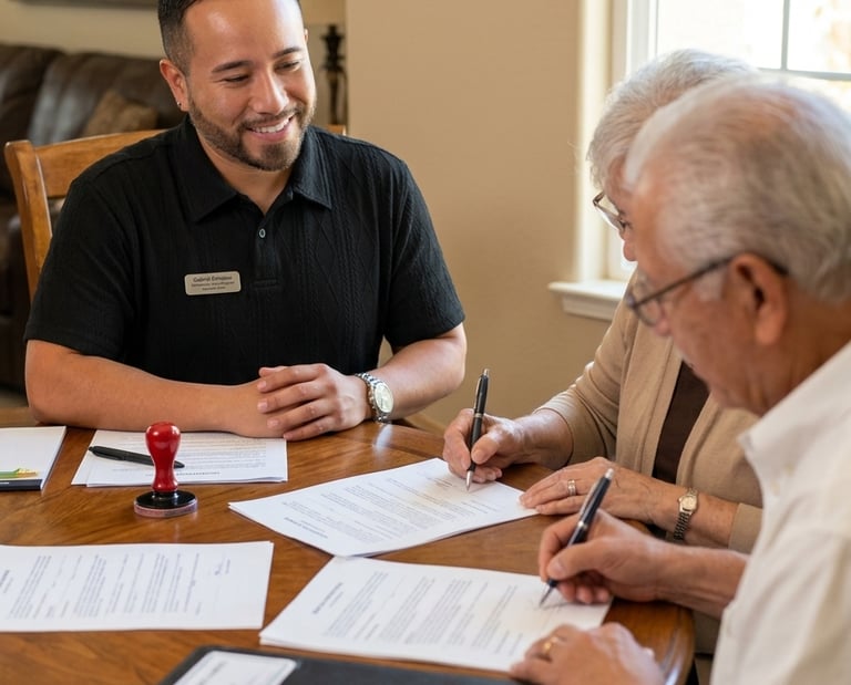 A smiling professional notary assisting a senior couple with signing legal documents at a table.