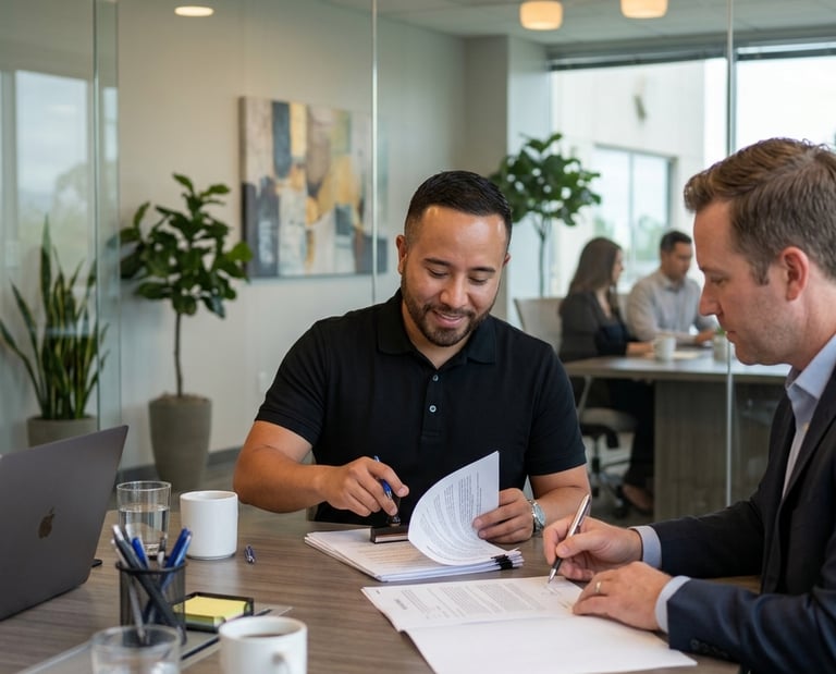 Professional business partners signing a legal contract in a modern glass office setting.