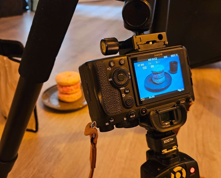 Sony mirrorless camera on a tripod capturing a professional food photography shot of stacked donuts.