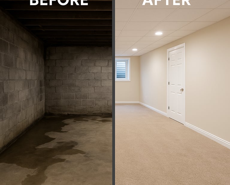 Before and after image with water in an unfinished basement before and a finished basement after