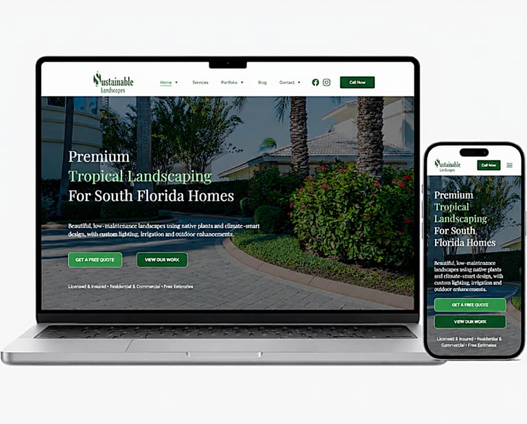 Laptop and smartphone displaying a responsive South Florida tropical landscaping website design.