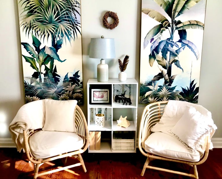 tropical pictures and rattan chairs in an office
