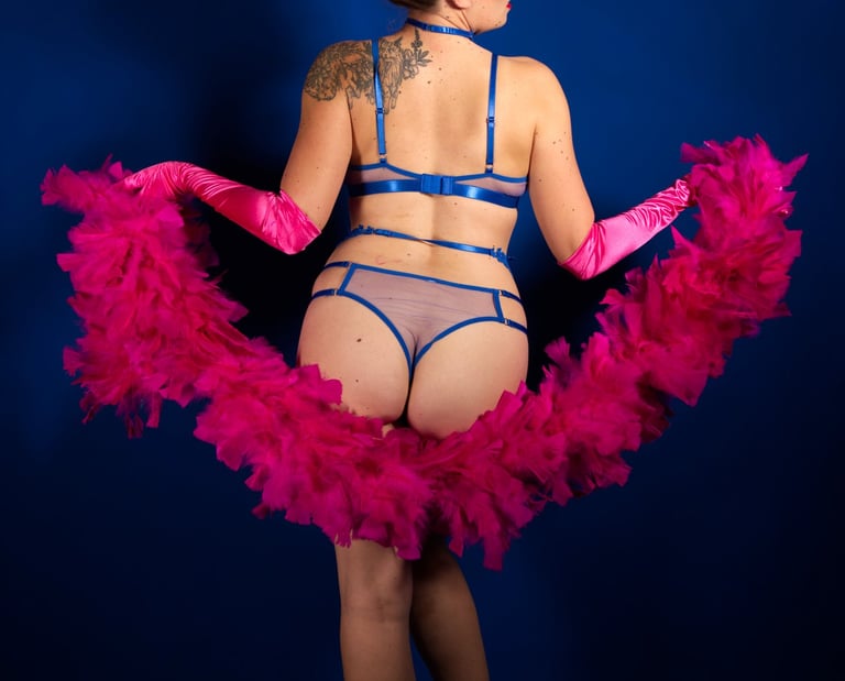 Glamour. Femme lingerie bleue, boa et gants rose.