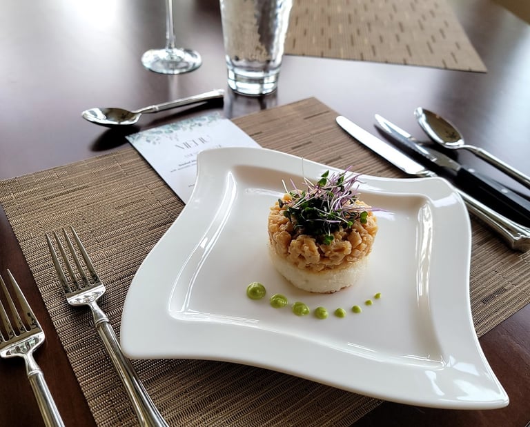 Portland personal chef plated tartare with rice and microgreens, fine dining for private dinners