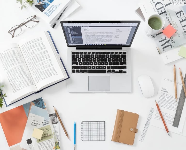 An overhead shot of a messy desk with a laptop, books, papers, and a mug.