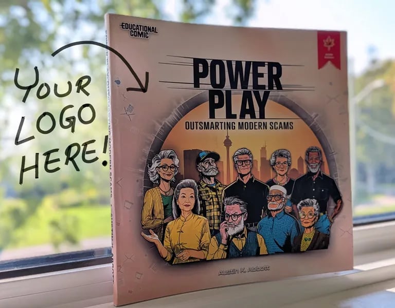 Photo of the educational comic book Power Play Outsmarting Modern Scams standing on a windowsill, showing illustrated seniors