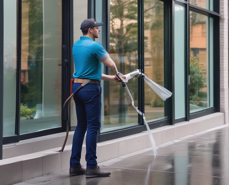 A person wearing a hat and face covering is cleaning the windshield of a red Honda car parked in front of a building with an orange tiled roof and cream-colored doors.