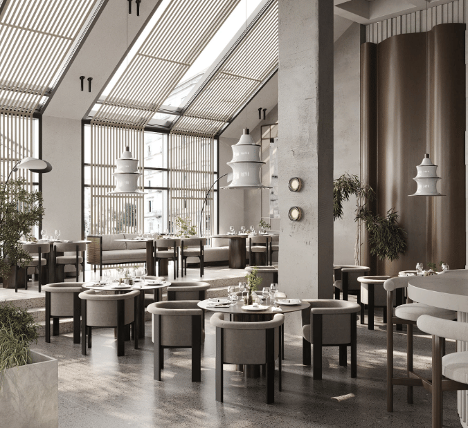 a restaurant with a large open space with a large window