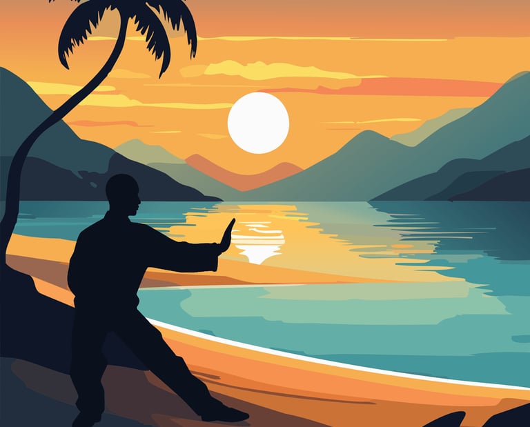 a man doing a tai chi pose on a beach