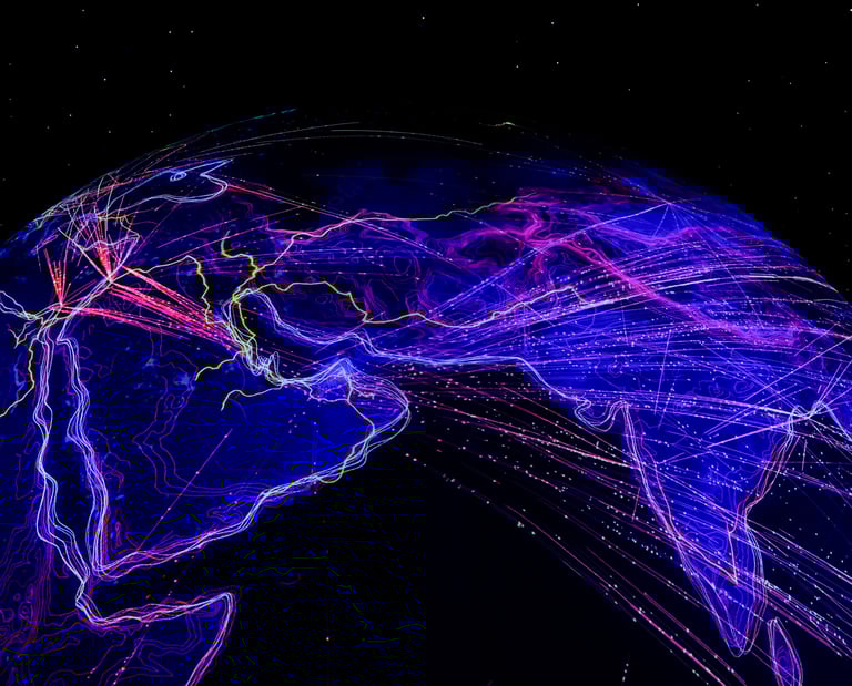Bunte abstrakte Visualisierung des globalen Datenflusses über Asien und Umgebung.