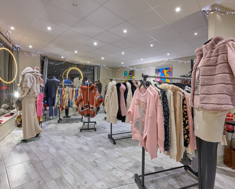 Intérieur d'une boutique de vêtements présentant des vêtements, des manteaux, des pulls de créateur