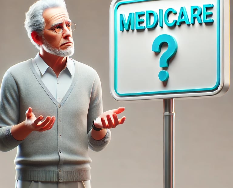Older man looking at sign saying Medicare with a question mark.