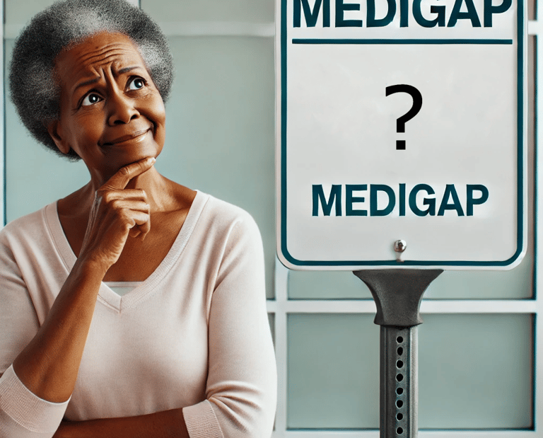 Older woman looking at sign saying Medigap with a question mark.
