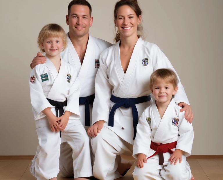 Young judoka practicing throws with a coach in a bright dojo.
