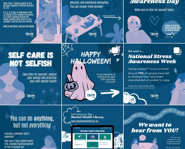 Social media posts made for Take Back Your Mind UK, highlighting various mental health topics