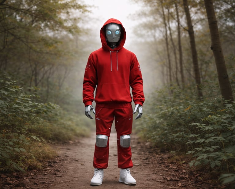 Humanoid figure in a red hoodie on a quiet forest path, reflecting mindful and intentional living.