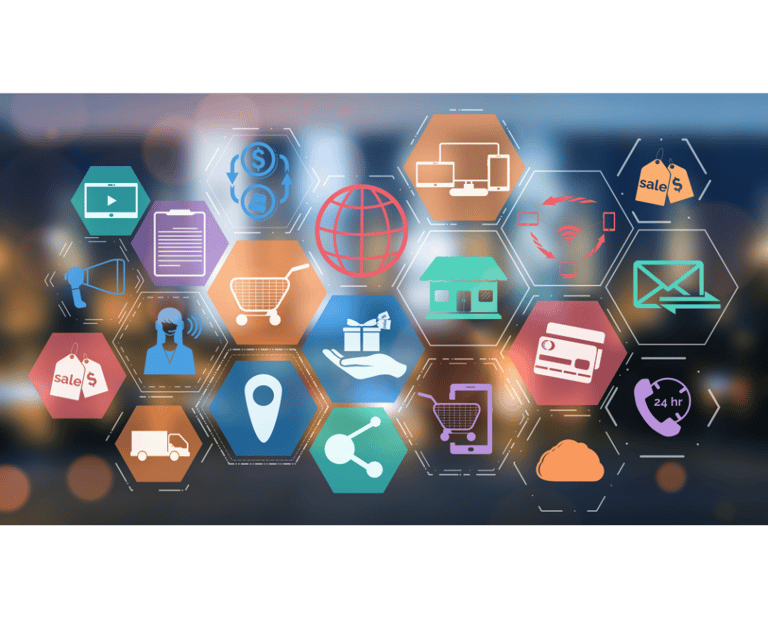 Vários ícones e desenhos representativos de ferramentas e aplicativos, com várias cores diferentes.